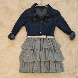 Zunie Denim Bodice Tiered Sparkle Dress with Metallic Belt